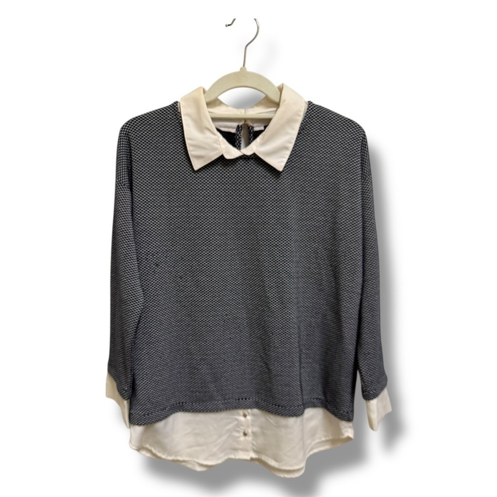 Ann Taylor Top Womens S Navy White‎ Layered Collared Mixed Media Blouse